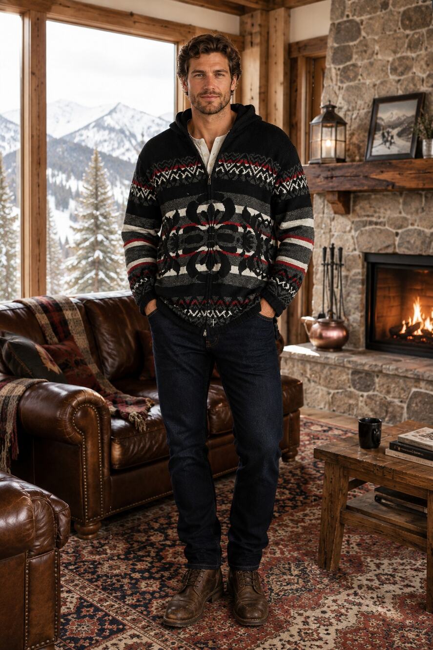 Frost Lamb Wool Hooded Zip Sweater Men's S Fair Isle Fisherman Grandpa Core